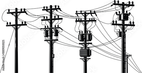 Electric utility poles with overhead power lines and transformers illustrating urban electrical distribution infrastructure, energy transmission network, and industrial technology against isolated bac