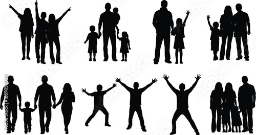 Family and people silhouettes collection with parents and children celebrating, happy group poses, togetherness and lifestyle concept, black human figures isolated on white background