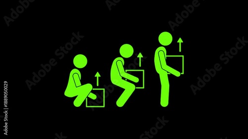 Lifting heavy safely neon green stick figures demonstrating proper lifting techniques with arrows on black background