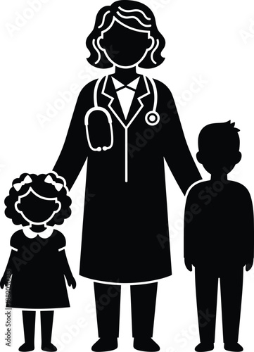 Female doctor silhouette with children patients, pediatric healthcare and medical care concept, woman physician with stethoscope icon, family health illustration isolated on white background