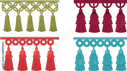 Decorative curtain tassel fringe vector set with colorful hanging trims for interior textile design