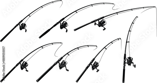Fishing rod and reel silhouettes set in different positions, black sport fishing equipment illustration, angling gear collection isolated on white background