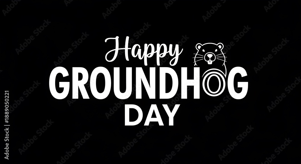 Obraz premium Simple white text graphic celebrating happy groundhog day with a stylized rodent icon on a black background