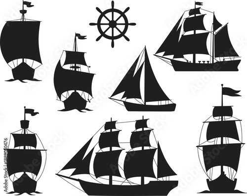 Vintage sailing ships vector illustration, black silhouette collection of old sailboats, marine vessels, and ship wheel design for nautical, adventure, and travel concept