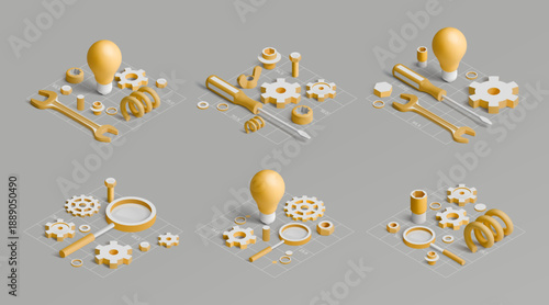 Isometric light bulb. 3D creative technology. Innovation science idea or cogwheel gear for engineering industry. Magnifying glass for idea searching. Lamp lightbulb. Vector concepts set