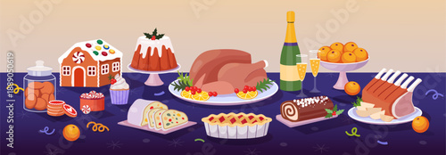Christmas food. Festive dinner table. Mince pie in lunch buffet. Turkey meat at home party. Tablecloth setting in restaurant. Sweet cake with glaze. Champagne bottle. Vector illustration