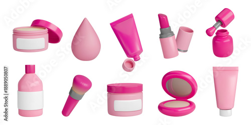 3D beauty icons. Facial mask cream. Makeup product or SPF lotion tube. Korean lipstick. Cosmetic brush and sponge. Face powder with mirror. Pink nail polish. Vector render objects set