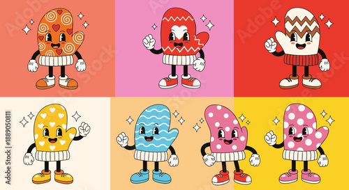Cheerful Mitten Characters Celebrate Winter Holidays: Retro cartoon mittens with playful faces stand out against colorful backgrounds, perfect for fun holiday illustrations and des.