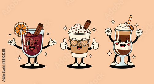 Retro Cartoon Drinks Characters Having Fun with Orange and Cinnamon, Perfect for Coffee Shops and Beverage Promotions, Featuring Smiling Faces, Nostalgic Designs, and Playful Vibes.