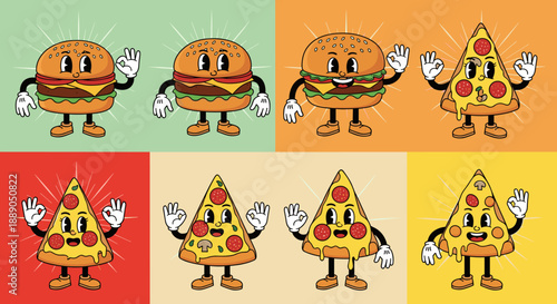 Cartoon fast food characters providing quality satisfaction showing smiling burger and pizza mascots with ok gestures, offering vintage design, retro animation, and delicious treat.