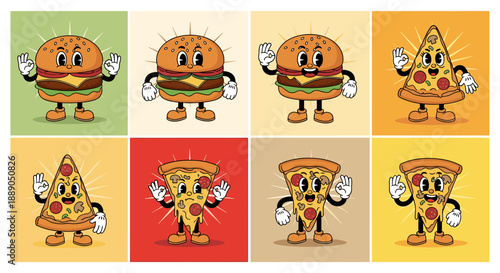 Cartoon Food Characters Promoting Delicious Meals: Retro burger and pizza slice illustrations with vintage mascot designs offer a fun, unique approach for advertising, marketing, o.