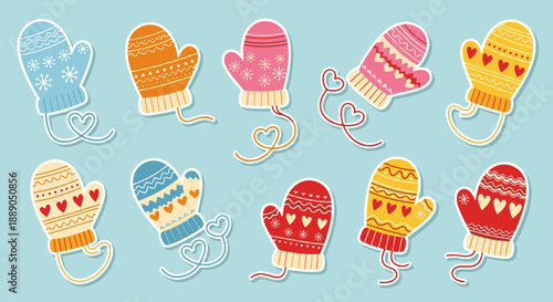 Cute Winter Mittens Illustration with Heart Strings create a Warm and Cozy Holiday Season Vibe, Perfect for Christmas Cards, Gift Tags, Invitations, and Seasonal Decorations for Fe.