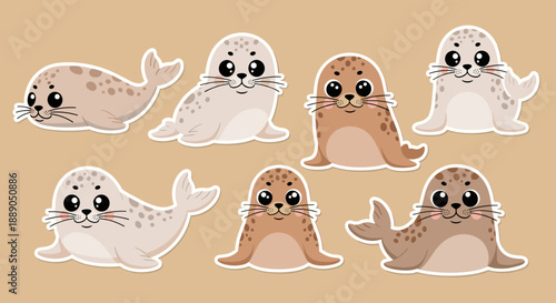 Cute Seal Pups Sitting and Laying Down Grouped Together Make a Sweet Cartoon Illustration for Children's Books, Educational Resources, Animal Lovers, and Adorable Creature Collecti.