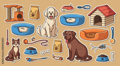 Pet Care Sticker Set Featuring Dogs, Cats, Toys, and Supplies for Veterinary Clinic Marketing, Animal Shelter Adoption Campaigns, and Pet Store Advertising: Illustrations in Cartoo.
