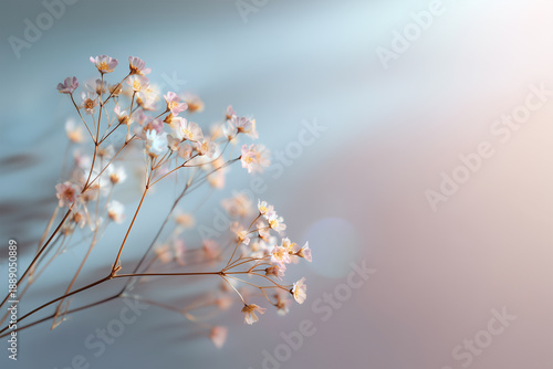 The scene features exquisite flowers delicately set against a smooth pastel gradient background. Soft, diffused light bathes the composition, casting gentle shadows from a close vantage point, enhanci
