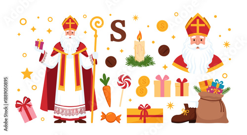 Saint Nicholas Day Illustration with Sinterklaas, Treats and Gifts Celebrates the Dutch Holiday, Perfect for Holiday Greeting Cards, Posters, and Festive Designs to Bring Joy and M.