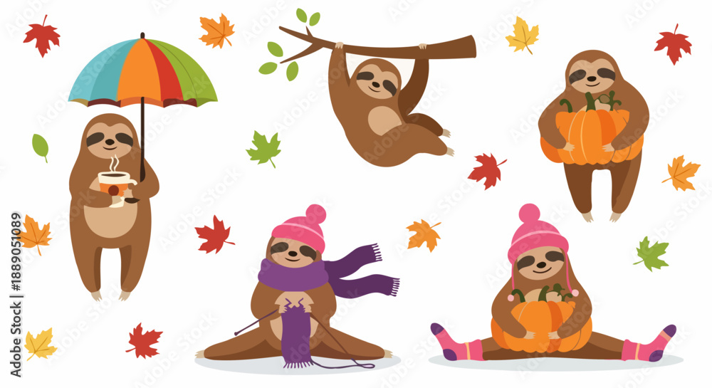 Naklejka premium Cute Sloths Enjoying Autumn Activities Set.