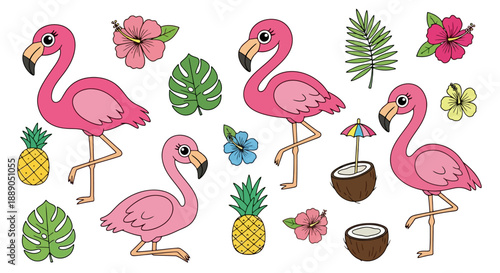 Vibrant collection of pink flamingos, tropical leaves, and exotic fruits, perfect for summer designs.