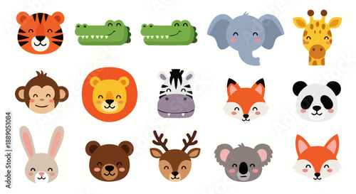 Collection of cute cartoon animal faces for childrens designs.