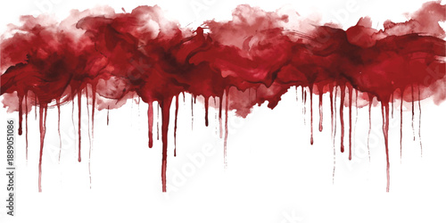 Abstract red ink splatter with dripping effect on white background
