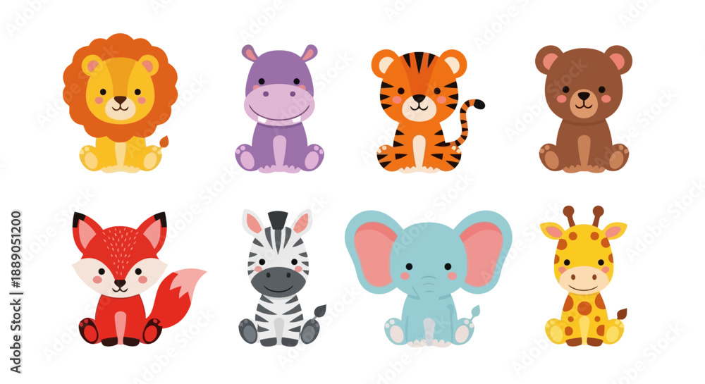 Fototapeta premium Adorable collection of eight cartoon baby safari animals, including a lion, hippo, tiger, bear, fox, zebra, elephant, and giraffe, all sitting cutely.