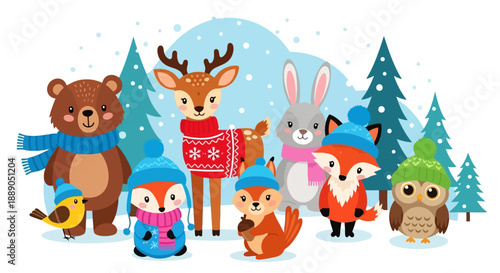 Adorable winter forest animals in festive attire, a charming collection of woodland creatures.