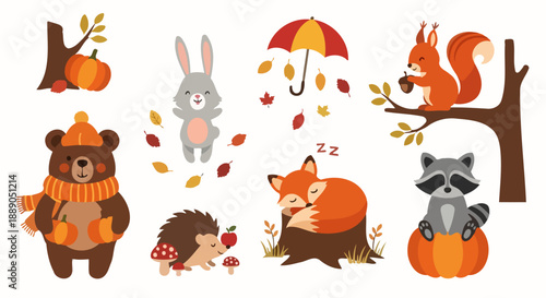 Adorable Autumn Forest Animals Collection with Bear, Fox, Squirrel, Raccoon, Hedgehog, and Rabbit.
