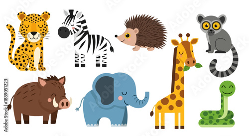 Collection of various cute cartoon wild animals including a leopard, zebra, hedgehog, lemur, warthog, elephant, giraffe, and snake.