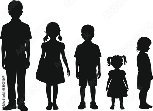 Silhouette lineup of children standing in different ages and heights representing growth, development, family, and childhood stages in a clean minimal style illustration