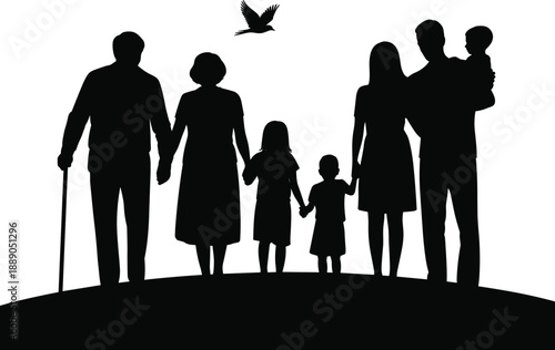 Silhouette illustration of multigenerational family with grandparents, parents and children walking together symbolizing unity, heritage, love, support and family lifestyle concept