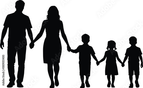 Silhouette of family walking together hand in hand, representing love, unity, parenting, lifestyle and childhood connection in a modern family relationship concept