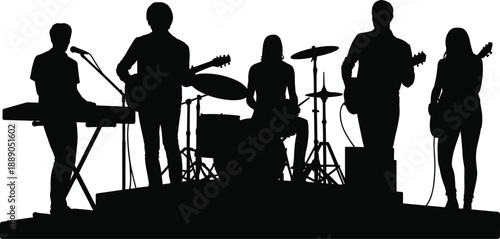 Silhouette of live band musicians playing instruments on stage with guitar, drums and keyboard performing music concert for entertainment and artistic lifestyle concept