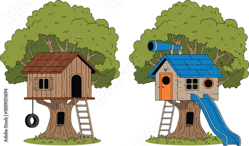 Treehouse Playground Illustration Set Forest Play Area for Kids