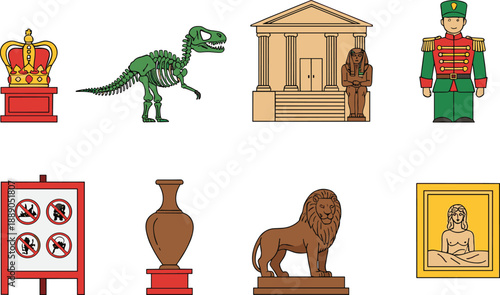 Museum exhibits and historical artifacts vector set with statues, dinosaur skeleton and ancient cultural objects