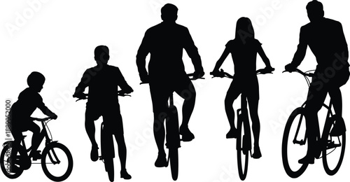 Silhouette of people riding bicycles outdoors, representing healthy active lifestyle, exercise, recreation and family cycling activity for fitness, leisure and eco-friendly transportation concept
