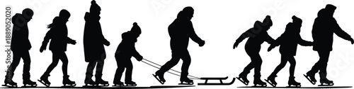 Silhouette of people ice skating outdoors in winter clothing with children pulling a sled, representing active seasonal recreation, family fun and cold weather lifestyle concept
