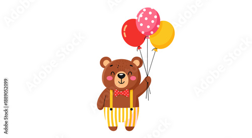 Cute brown bear happily holding colorful balloons in a fun celebration, wearing suspenders and a bow tie, perfect for children's parties, events, and joyful occasions with festive.