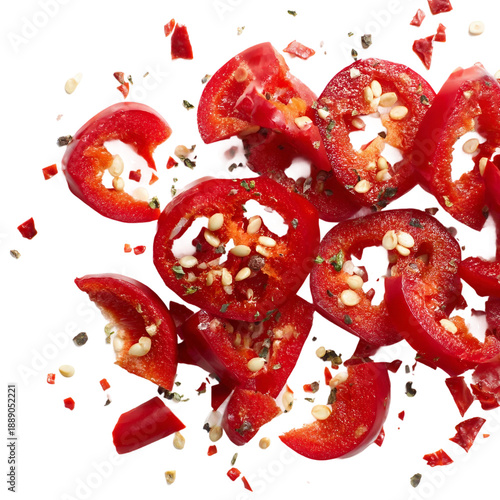  Scattered sliced red chili peppers with seeds and chopped pieces on transparent background.png