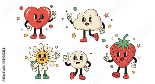 Retro Cartoon Characters Group Illustration: Groovy heart, cloud, daisy, circle, strawberry with vintage mascot animation expressions for creative graphics and quirky designs.