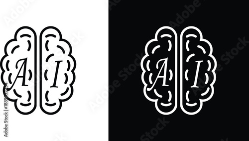 Minimal outline brain icon with AI lettering, representing artificial intelligence, machine learning, and smart technology.