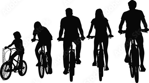 Silhouette of people riding bicycles outdoors, showing healthy active lifestyle, recreation, exercise and family cycling activity for fitness, leisure and transportation concept