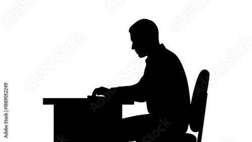 Professional Man Silhouette Working at Desk Vector Illustration | Concentrated Businessman Typing Black and White Isolated Graphic