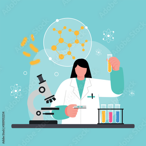 Female scientist in lab coat conducting medical research with microscope and chemical test tubes vector