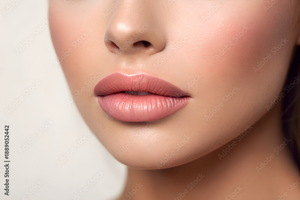 Fototapeta premium Close-up of perfect lips with nude lipstick and flawless skin