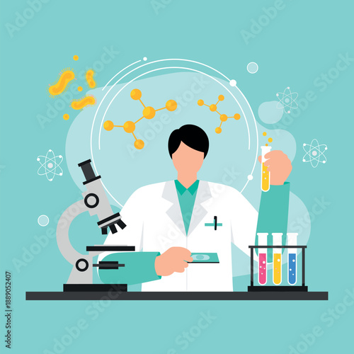 Male scientist in lab coat conducting medical research with microscope and chemical test tubes