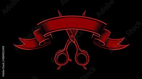 Vintage Red Barber Scissors Crossed with Blank Ribbon Banner on Black, Hairdressing Salon Emblem, Grooming, Beauty Design