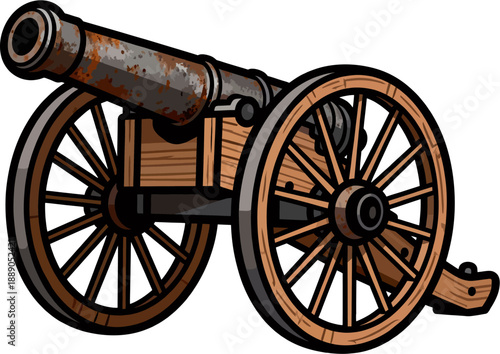 Rusty gray antique cannon side view on wooden carriage with large spoked wheels, brown wooden frame, simple flat cartoon line art vintage artillery weapon illustration