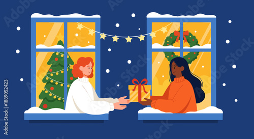 Two cheerful women exchanging a Christmas present through windows during a winter snowfall, conveying the joy of holiday gifting and neighborly connection with festive decorations.