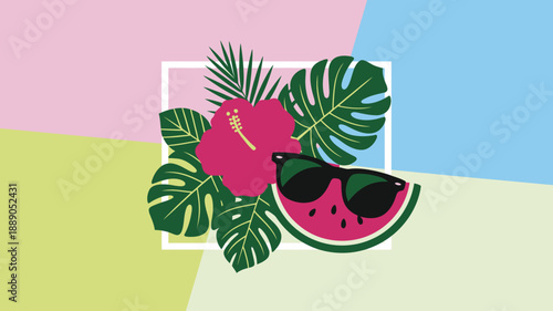 Tropical summer elements, hibiscus flower, palm leaves, watermelon, sunglasses, vibrant colorful background, summer holiday illustration