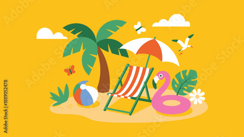 Vibrant yellow beach holiday illustration, palm tree, deck chair and flamingo float for summer vacation